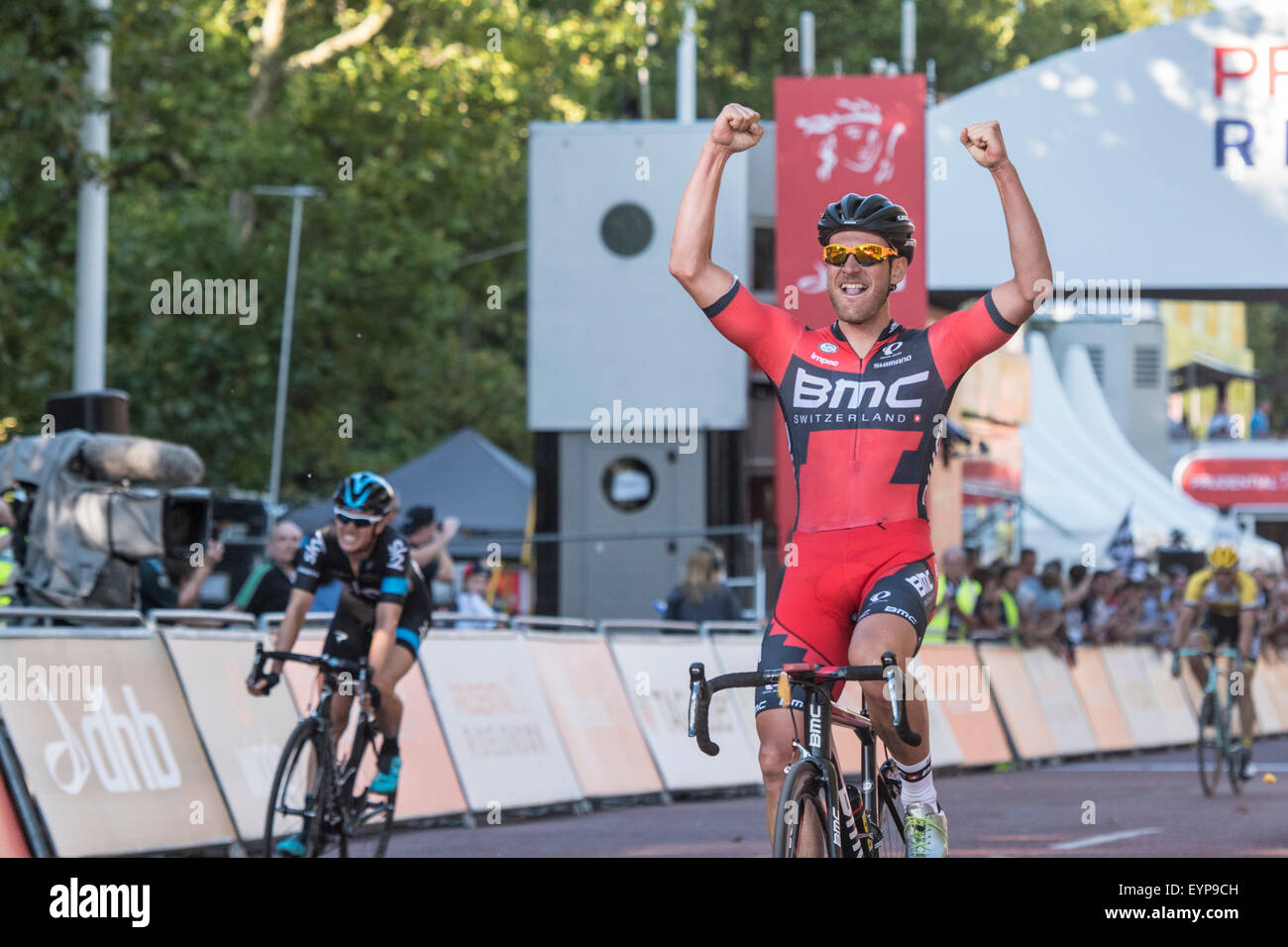 London, UK. 02nd Aug, 2015. Jean Pierre Drucker (BMC Racing Team) celebrates victory in the Prudential RideLondon-Surrey Classic at Horse Guards Parade, London, United Kingdom on 2 August 2015. The race started at Horse Guards Parade and finished on The Mall after a 200km route around Surrey and Greater London. Credit:  Andrew Peat/Alamy Live News Stock Photo