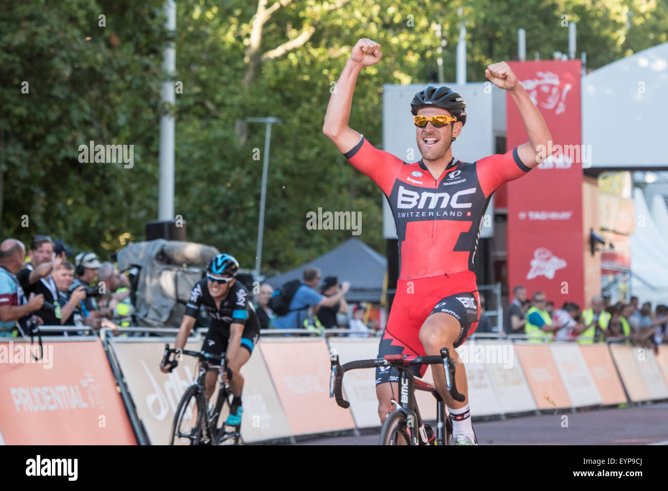 London, UK. 02nd Aug, 2015. Jean Pierre Drucker (BMC Racing Team) celebrates victory in the Prudential RideLondon-Surrey Classic at The Mall, London, United Kingdom on 2 August 2015. The race started at Horse Guards Parade and finished on The Mall after a 200km route around Surrey and Greater London. Credit:  Andrew Peat/Alamy Live News Stock Photo