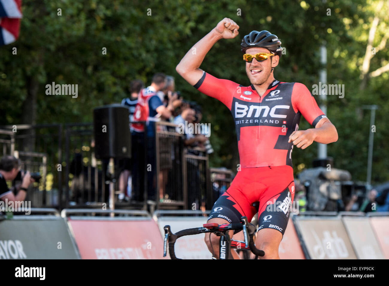 London, UK. 02nd Aug, 2015. Jean Pierre Drucker (BMC Racing Team) celebrates victory in the Prudential RideLondon-Surrey Classic at The Mall, London, United Kingdom on 2 August 2015. The race started at Horse Guards Parade and finished on The Mall after a 200km route around Surrey and Greater London. Credit:  Andrew Peat/Alamy Live News Stock Photo