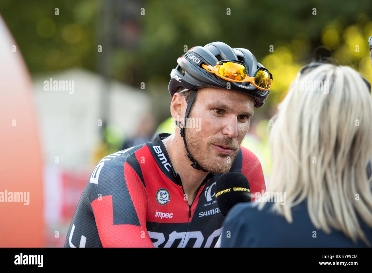 London, UK. 02nd Aug, 2015. Jean Pierre Drucker (BMC Racing Team) is interviewed by the BBC following his victory in the Prudential RideLondon-Surrey Classic at The Mall, London, United Kingdom on 2 August 2015. The race started at Horse Guards Parade and finished on The Mall after a 200km route around Surrey and Greater London. Credit:  Andrew Peat/Alamy Live News Stock Photo