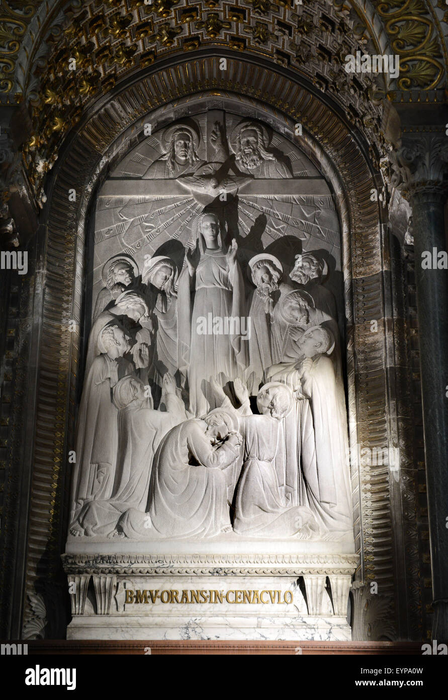 Bas-relief religious sculpture carving in Lyon Cathedral church France Basilica of Notre-Dame de Fourviere Stock Photo