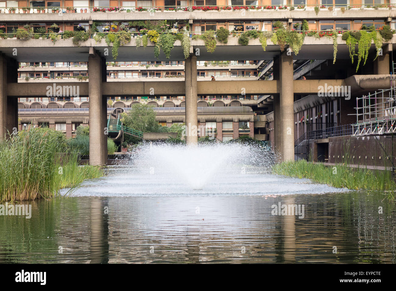 One of the fountains in the middle of the Barbican Lake, City of London