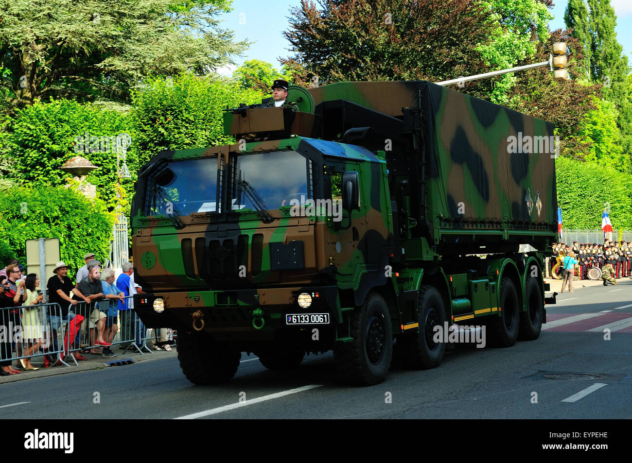 Army lorry on parade on 14th July to celebrate Bastille day, French family day, in Bourges, France Stock Photo