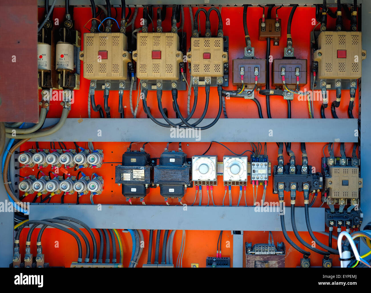 Control panel with cables wired in the air - cords old. Stock Photo