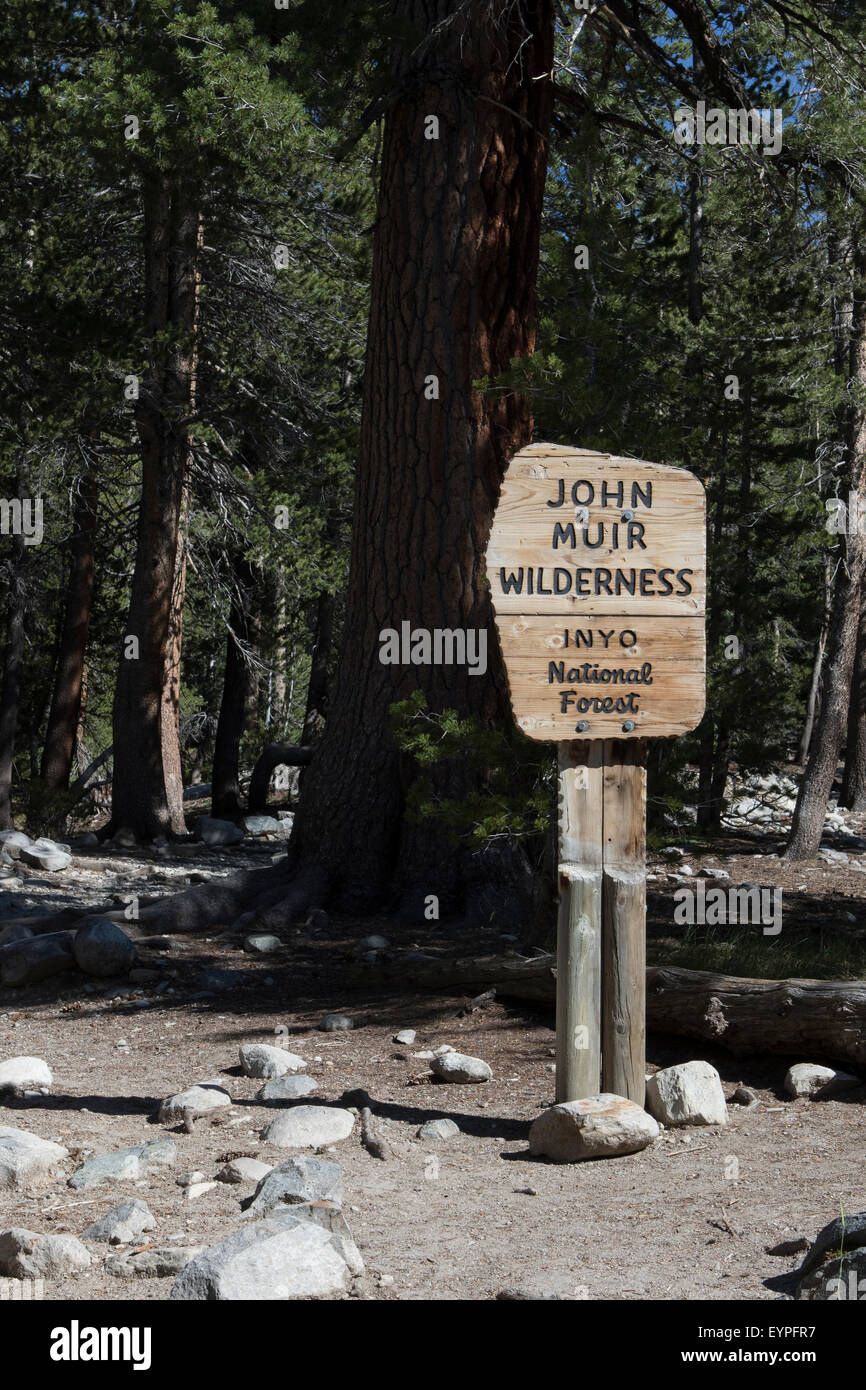 Wooden John Muir wilderness sign on the Duck Pass trail in the Inyo national forest near Mammoth lakes California Stock Photo