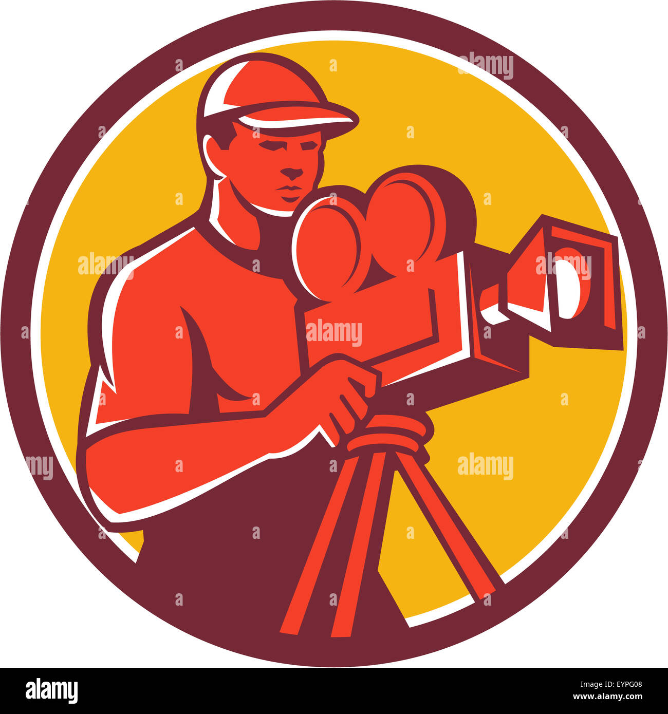 Illustration of a cameraman movie director with vintage movie film camera set inside circle on isolated background done in retro style. Stock Photo