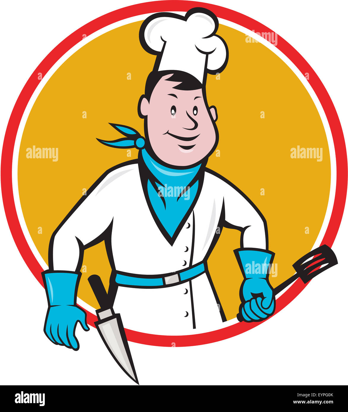 Illustration of a chef cook baker standing holding spatula with knife in knife holster viewed from front set inside circle on isolated background done in cartoon style. Stock Photo