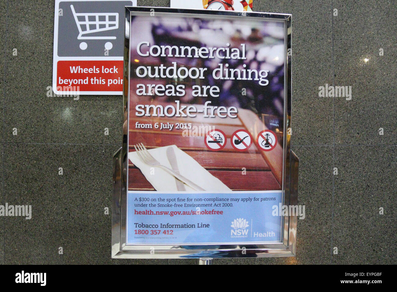 A sign at Broadway Shopping Centre indicating that commercial dining areas are smoke-free from 6 July 2015 in NSW, Australia. Stock Photo