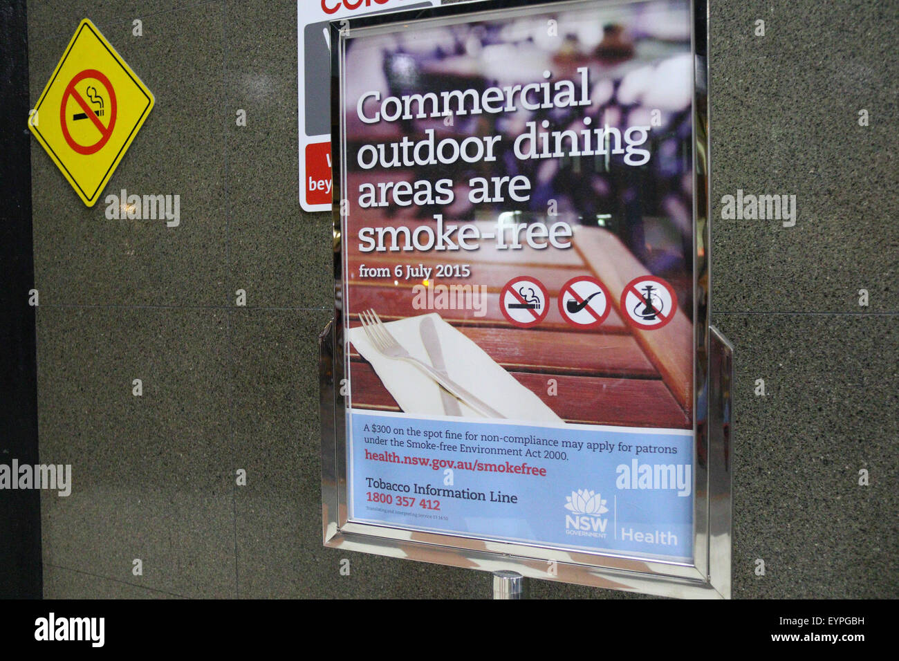 A sign at Broadway Shopping Centre indicating that commercial dining areas are smoke-free from 6 July 2015 in NSW, Australia. Stock Photo