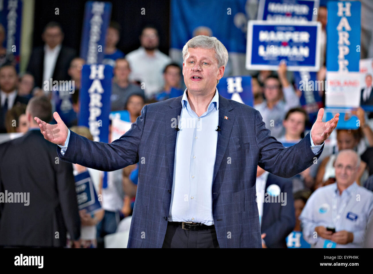 Montreal, Canada. 2nd Aug, 2015. Canadian Prime Minister Stephen Harper speaks to supporters during a rally in Montreal Aug. 2, 2015. Stephen Harper on Sunday called a parliamentary election for Oct. 19 and kicked off his Conservative party's election campaign. Credit: Andrew Soong/Xinhua/Alamy Live News Stock Photo