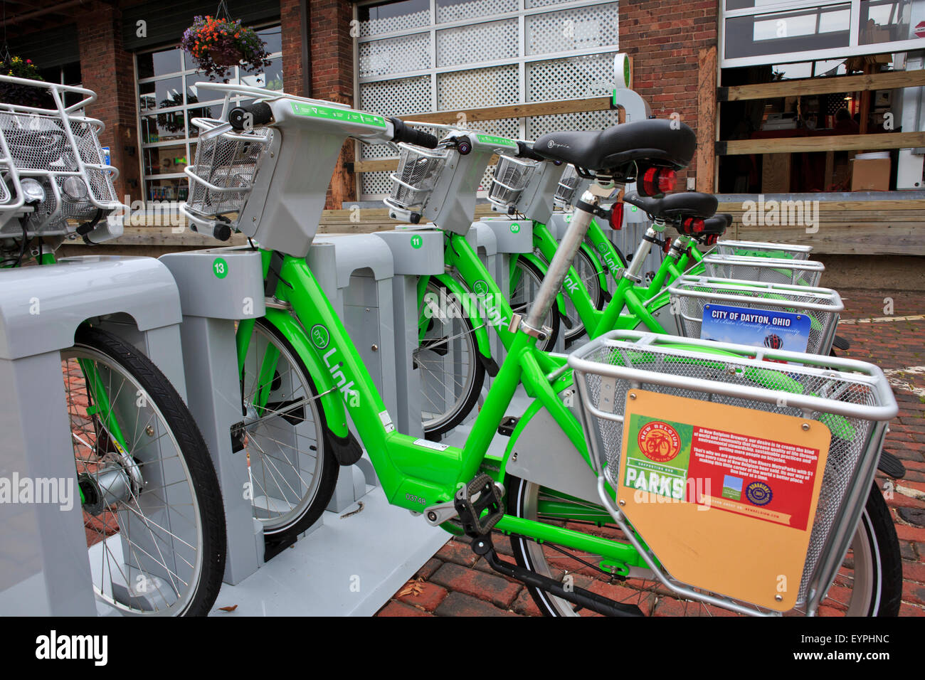 Parked bicycles available for public use (Dayton Ohio Second Street