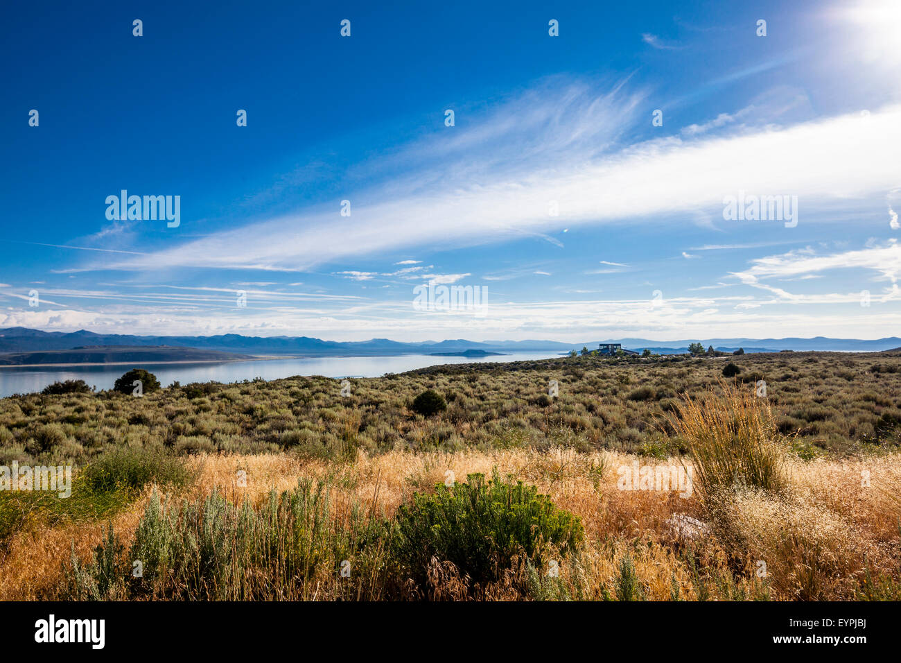 Mono Lake and the Mono Basin visitors center on the morning of August 1st 2015 Stock Photo
