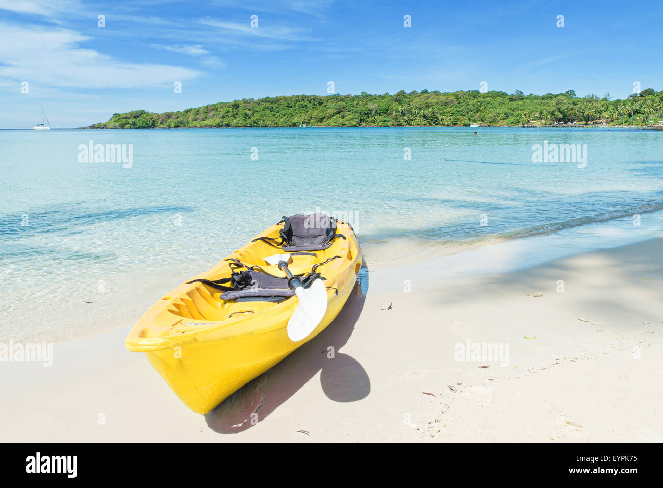 Summer, Travel, Vacation and Holiday concept - Yellow kayaks on the tropical beach, Phuket, Thailand Stock Photo