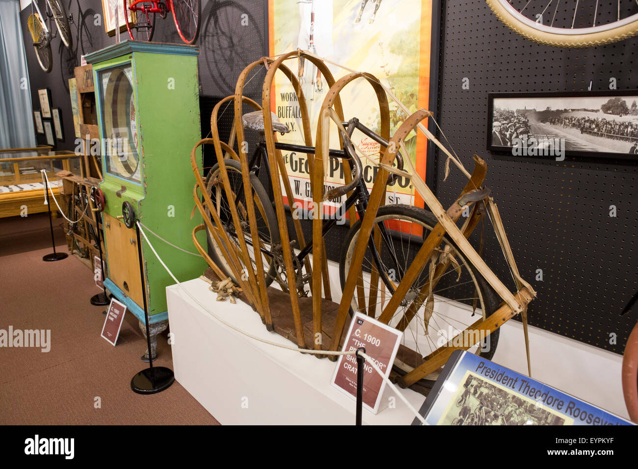 Bicycle Museum of America exhibit of an early racing bicycle in a shipping crate Stock Photo