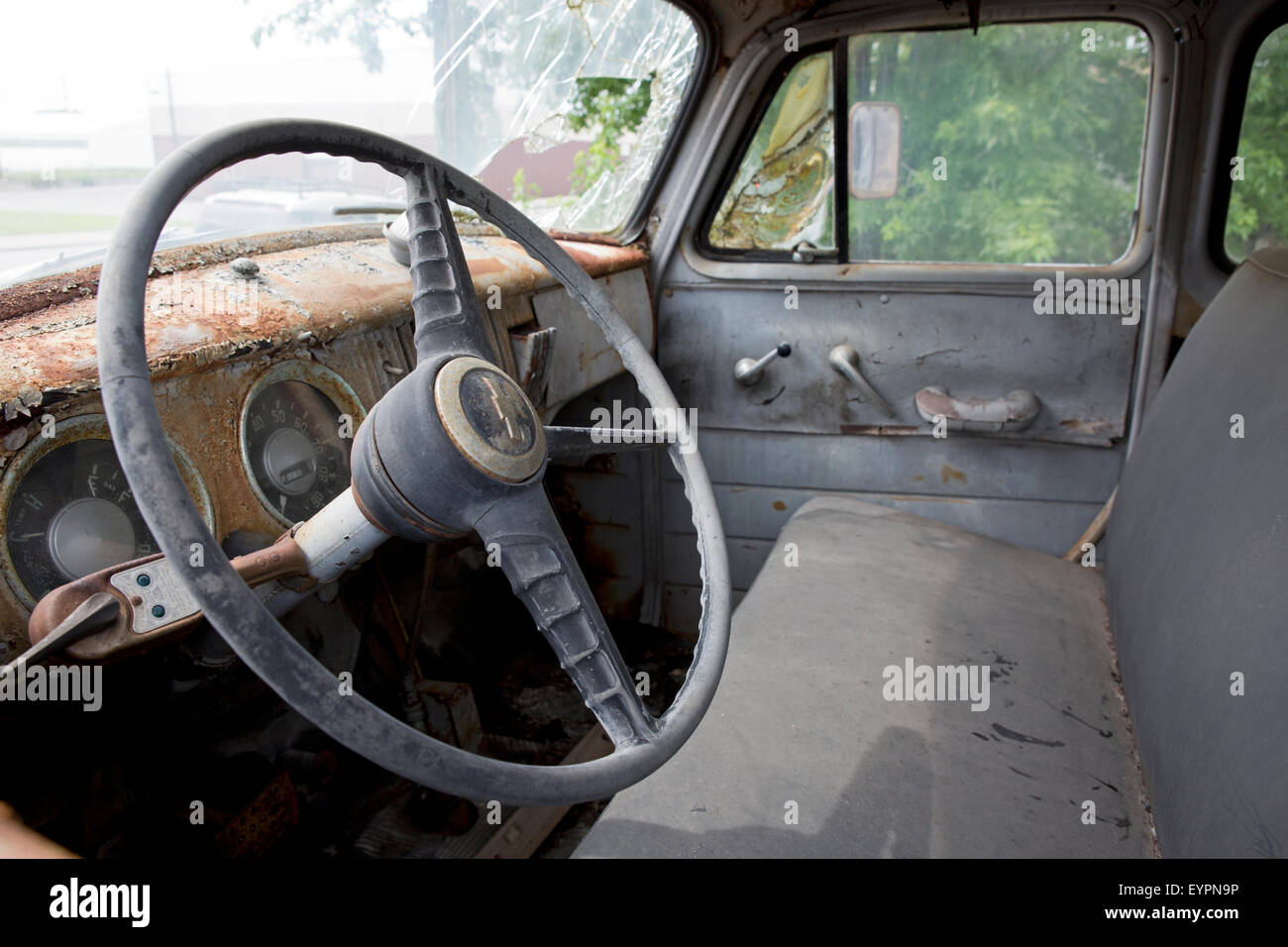 Steering wheel and interior of an old Chevrolet truck. Stock Photo