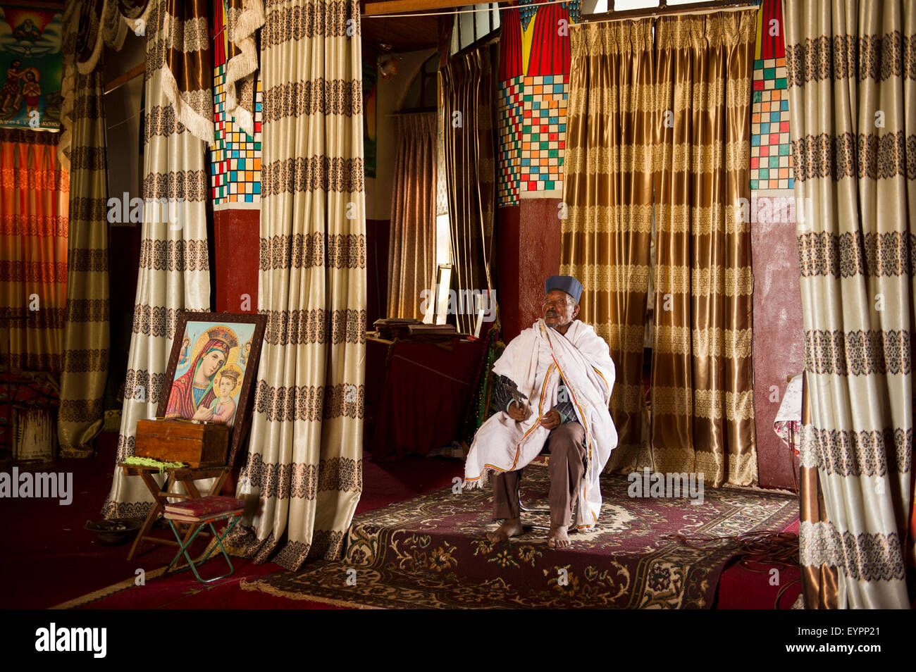Priest in the Monastery of Maryam Tsion, Tullo Guddo Island on Lake Ziway, Ethiopia Stock Photo