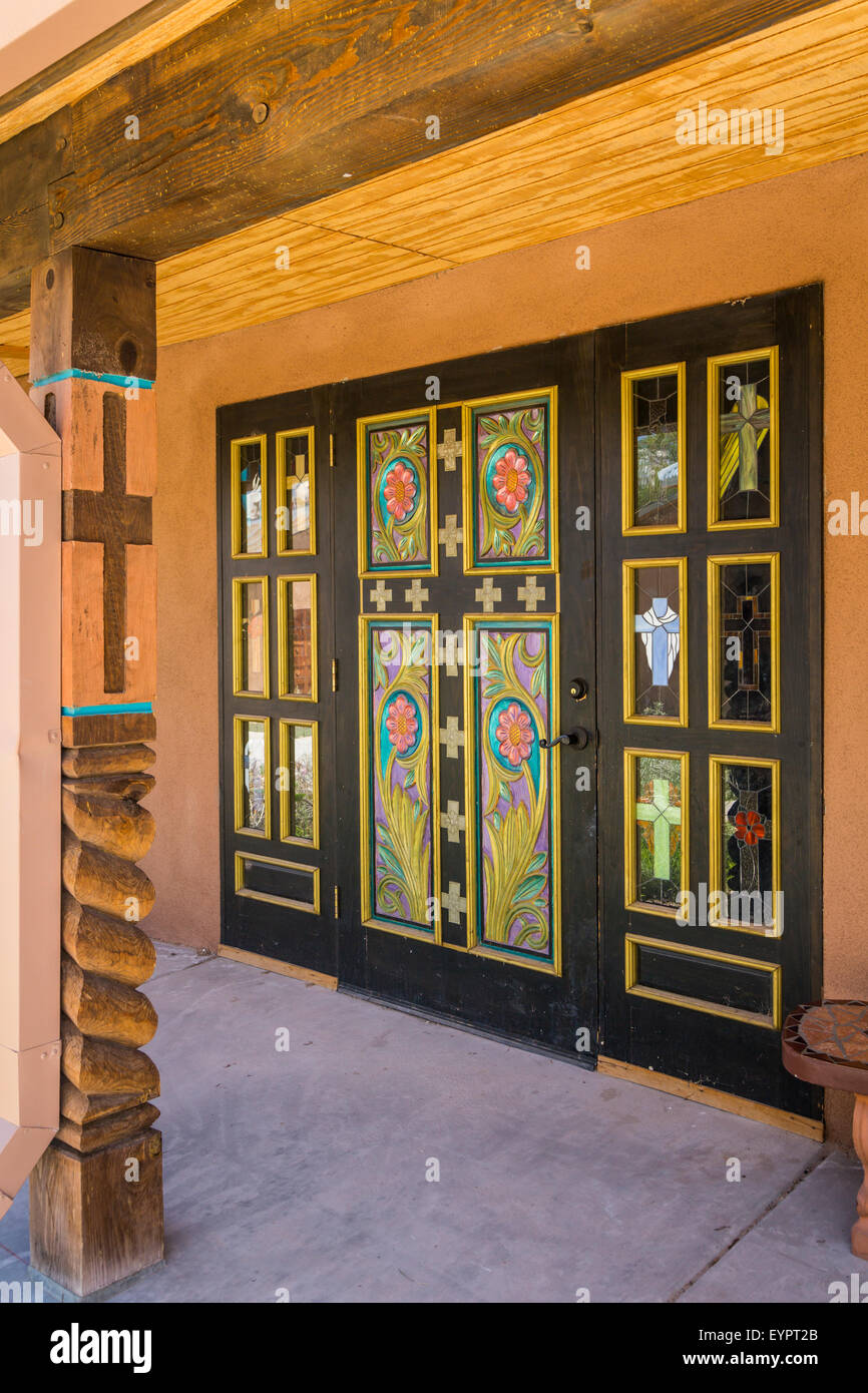 The visitors Center entrance door at the El Sanctuario Chimayo Church in Chimayo, New Mexico, USA. Stock Photo