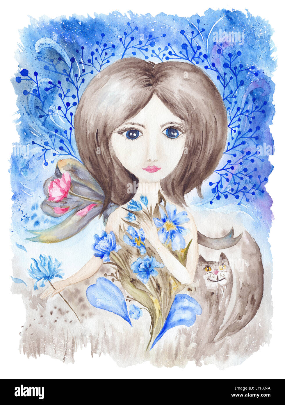 Creative artwork with magic fairytale character holding flowers in her hands on blue winter background Stock Photo