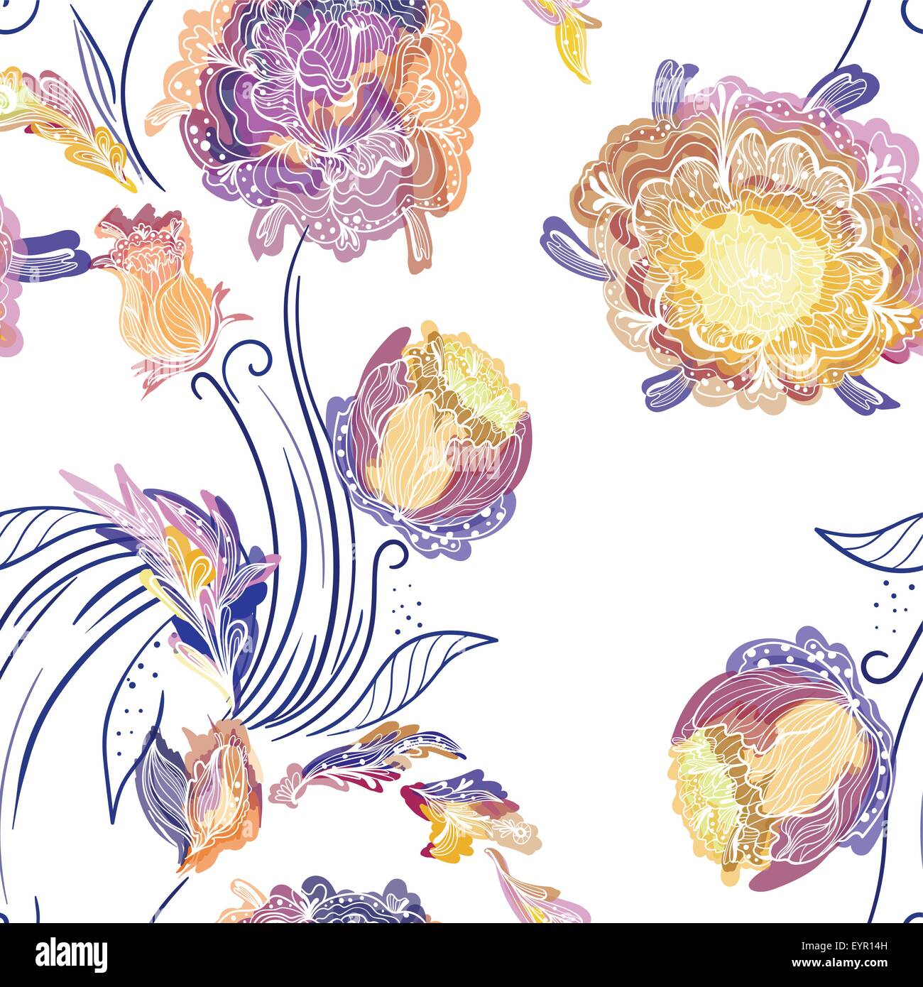 Vector seamless background with purple, yellow and orange chrysanthemums in creative sketch style with watercolor effect Stock Vector