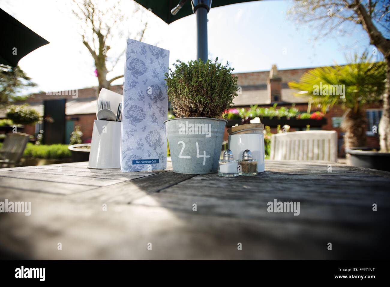 outdoor table setting at cafe in Surrey Stock Photo Alamy