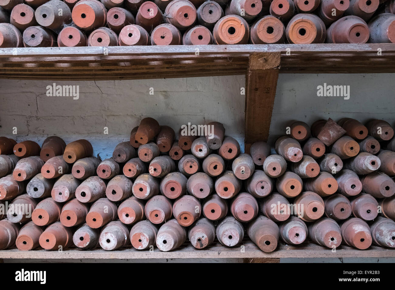 Old terracotta pots stacked on shelves Stock Photo - Alamy