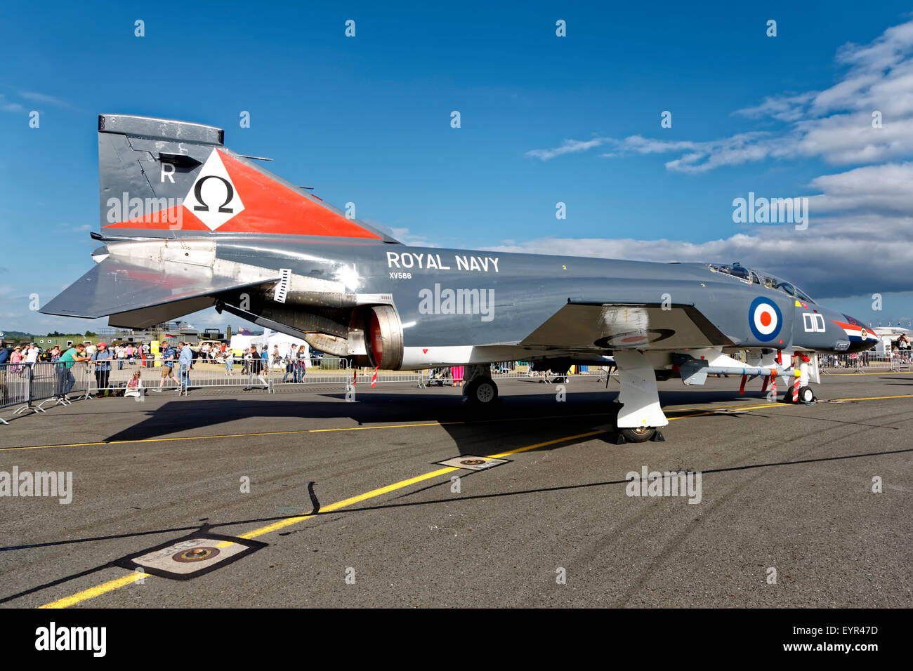 Retired McDonnell F-4K Phantom FG.1 XV586/R-010 pictured on static display at the RNAS Yeovilton  International Air Day in 2015. Stock Photo