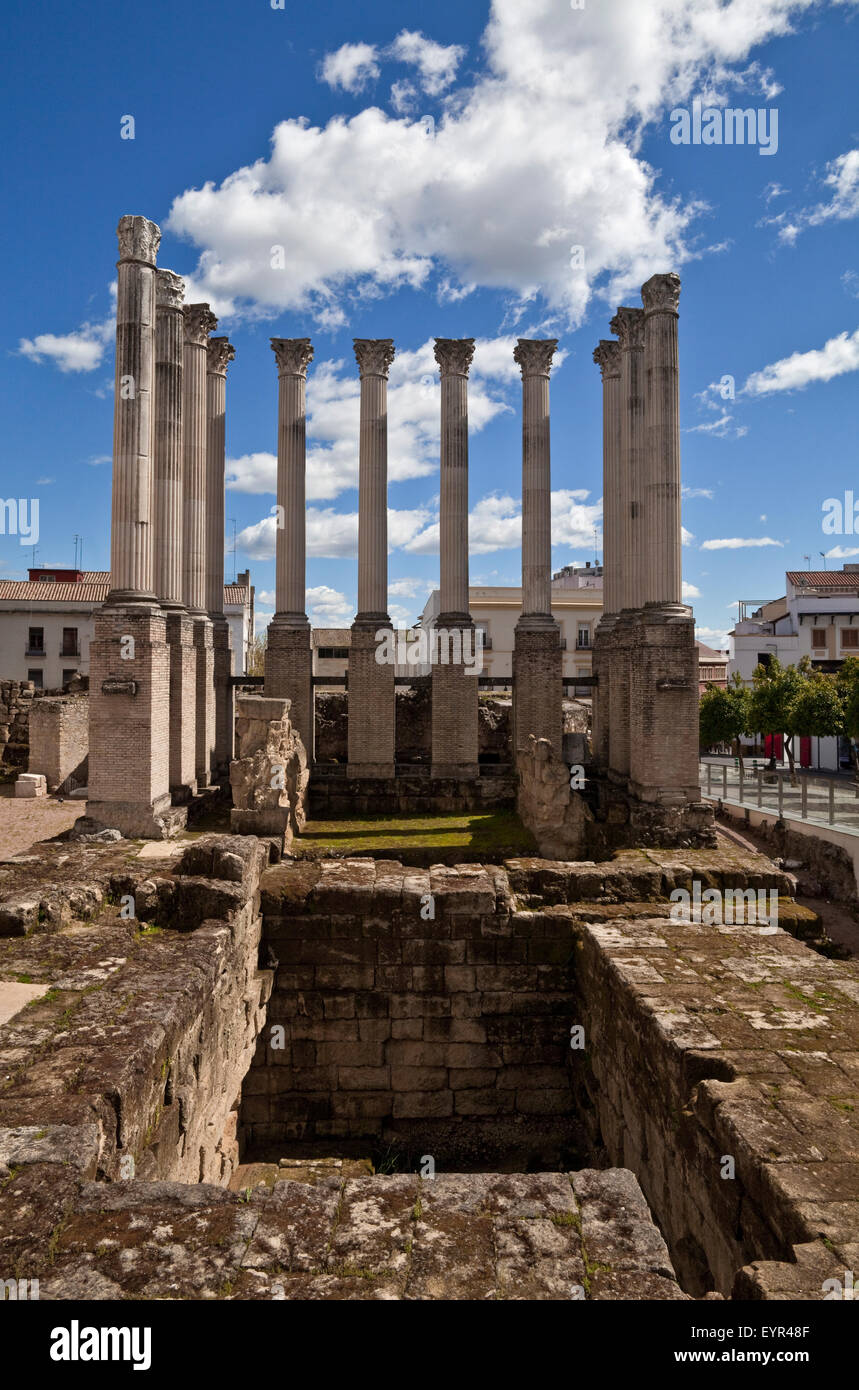 Ruins of the 1st Century Roman Templea Pseudoperipterus, hexastyle Corinthian order temple  began by Emperor Claudius,  in Córdoba, Andalucia, Spain Stock Photo