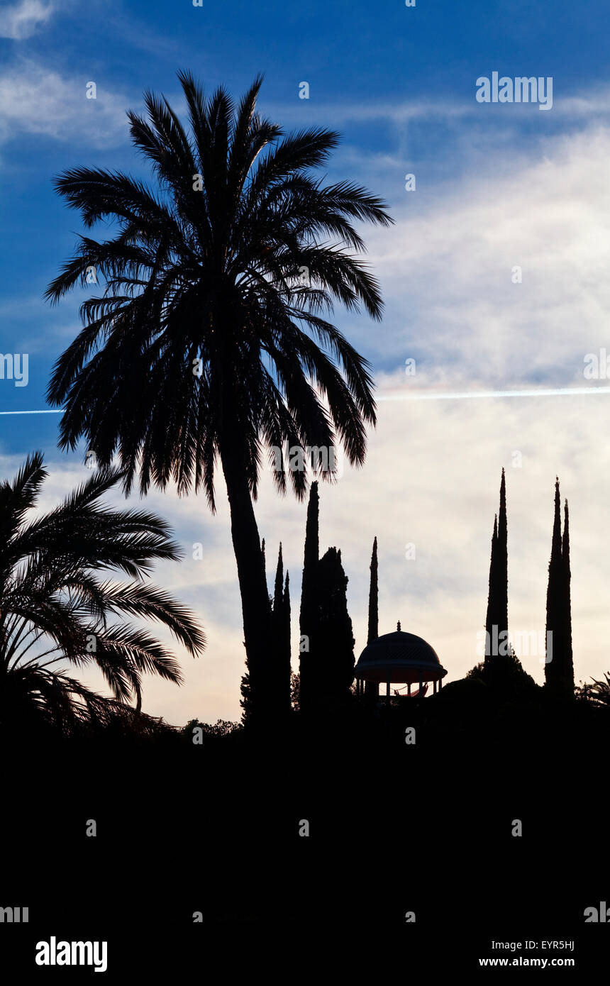 The silhouetted Temple at the Botanical Garden or Jardin Botanico de La Concepcion, Malaga, Andalucia, Spain. Stock Photo