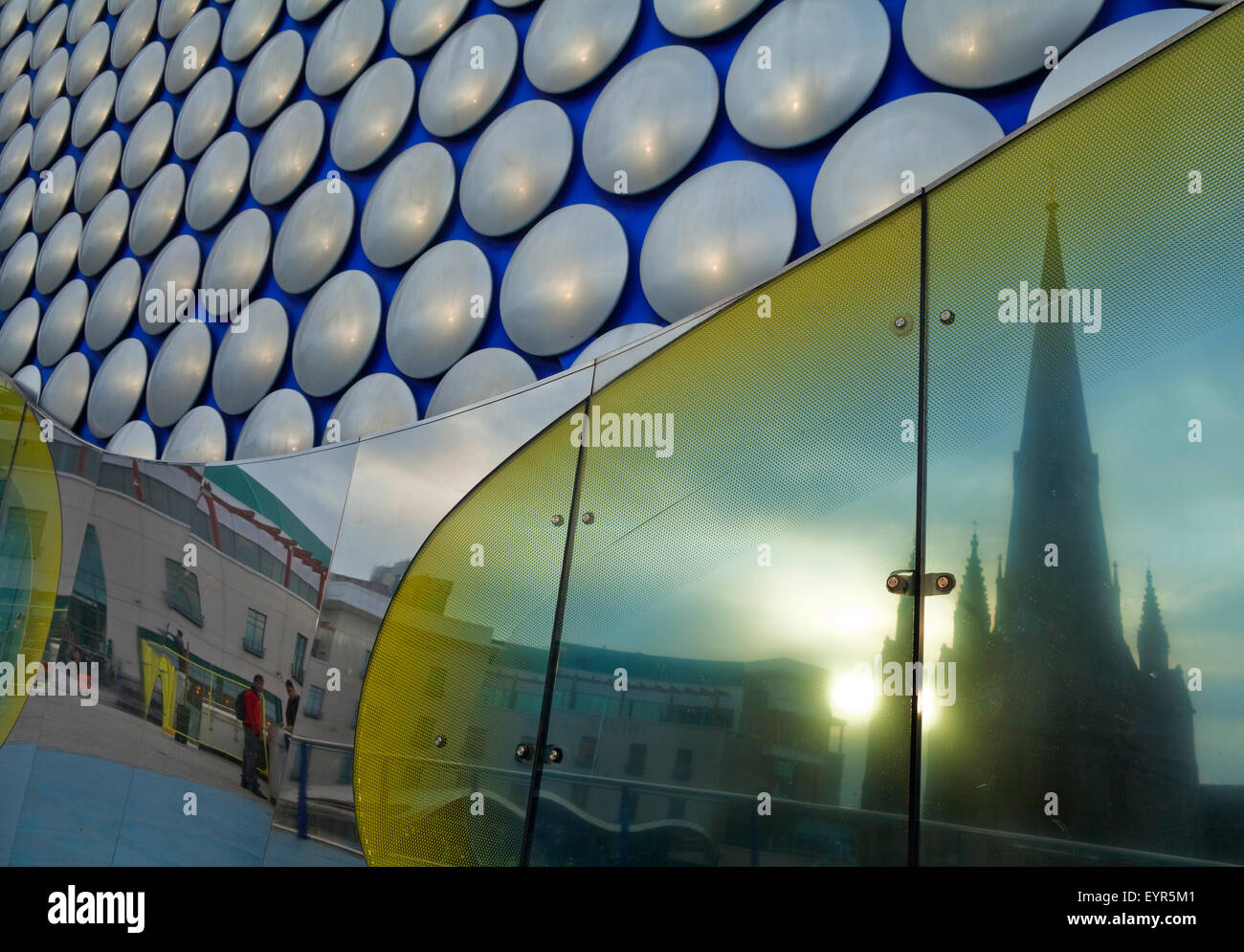Reflection of St Margaret's Church in the Facade of Selfridge's Store, The Bullring Centre,  Birmingham, England, UK Stock Photo