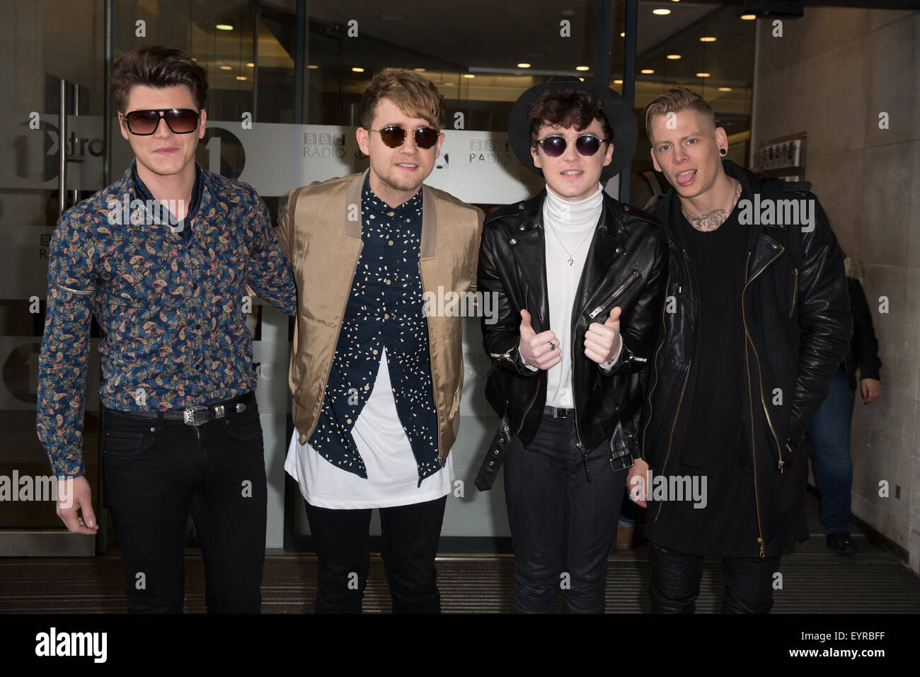 Rixton, Jake Roche, Charley Bagnall, Lewi Morgan, Danny Wilkin pictured arriving the Radio 1 studio to perform on the Live Lounge  Featuring: Rixton, Jake Roche, Charley Bagnall, Lewi Morgan, Danny Wilkin Where: London, United Kingdom When: 02 Jun 2015 C Stock Photo