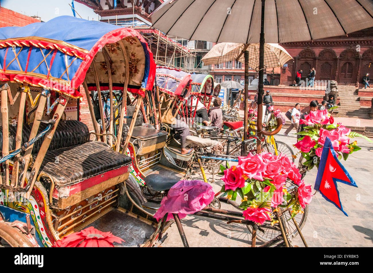 Rickshaw Taxi, Kathmandu Durbar Square in front of the old royal palace of the former Kathmandu Kingdom, Nepal Stock Photo