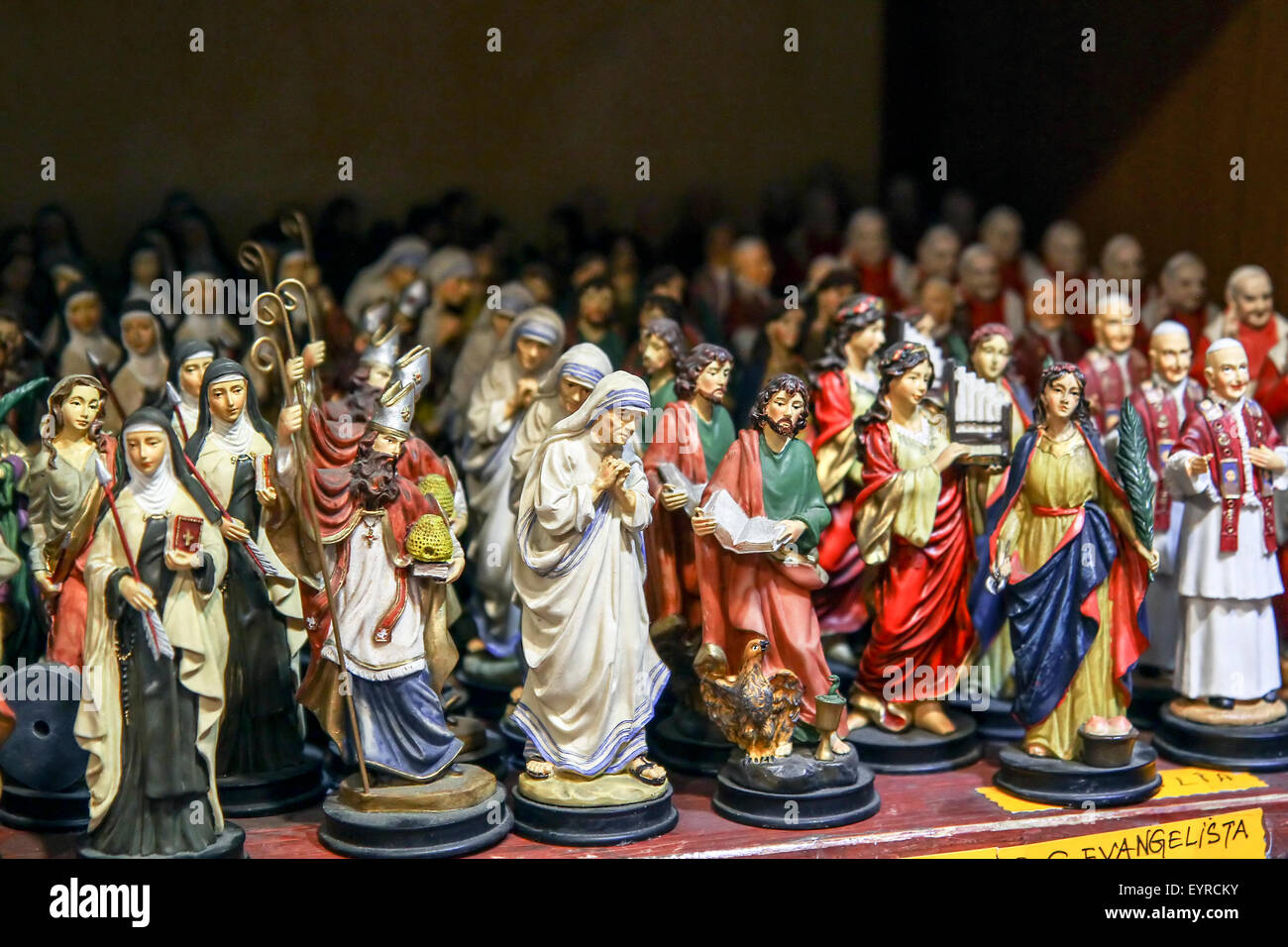 Souvenir Shop religious artifacts saints figurines. Photographed in