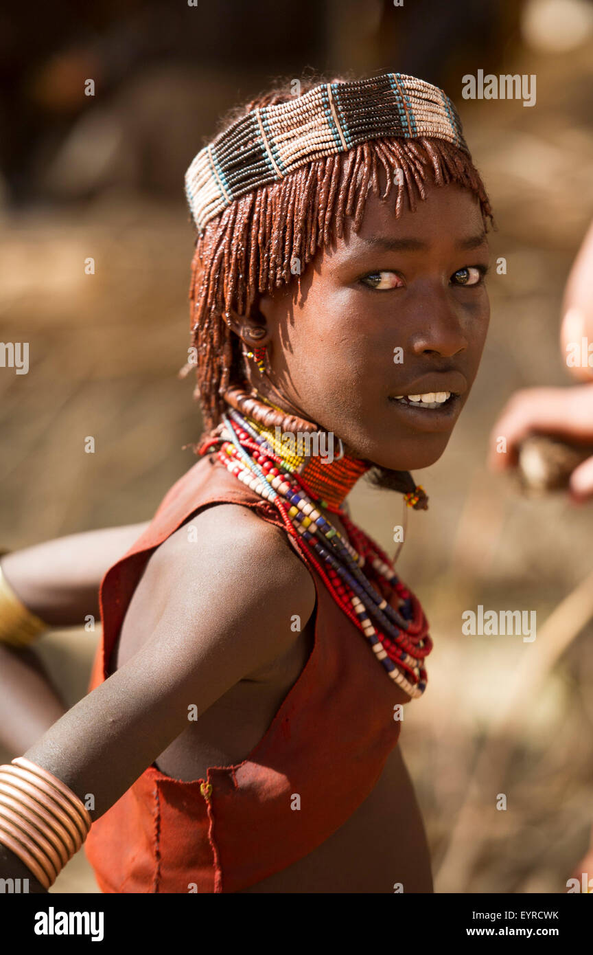 Hamer girl, Hamer Bull Jumping Ceremony, Turmi, South Omo Valley, Ethiopia Stock Photo