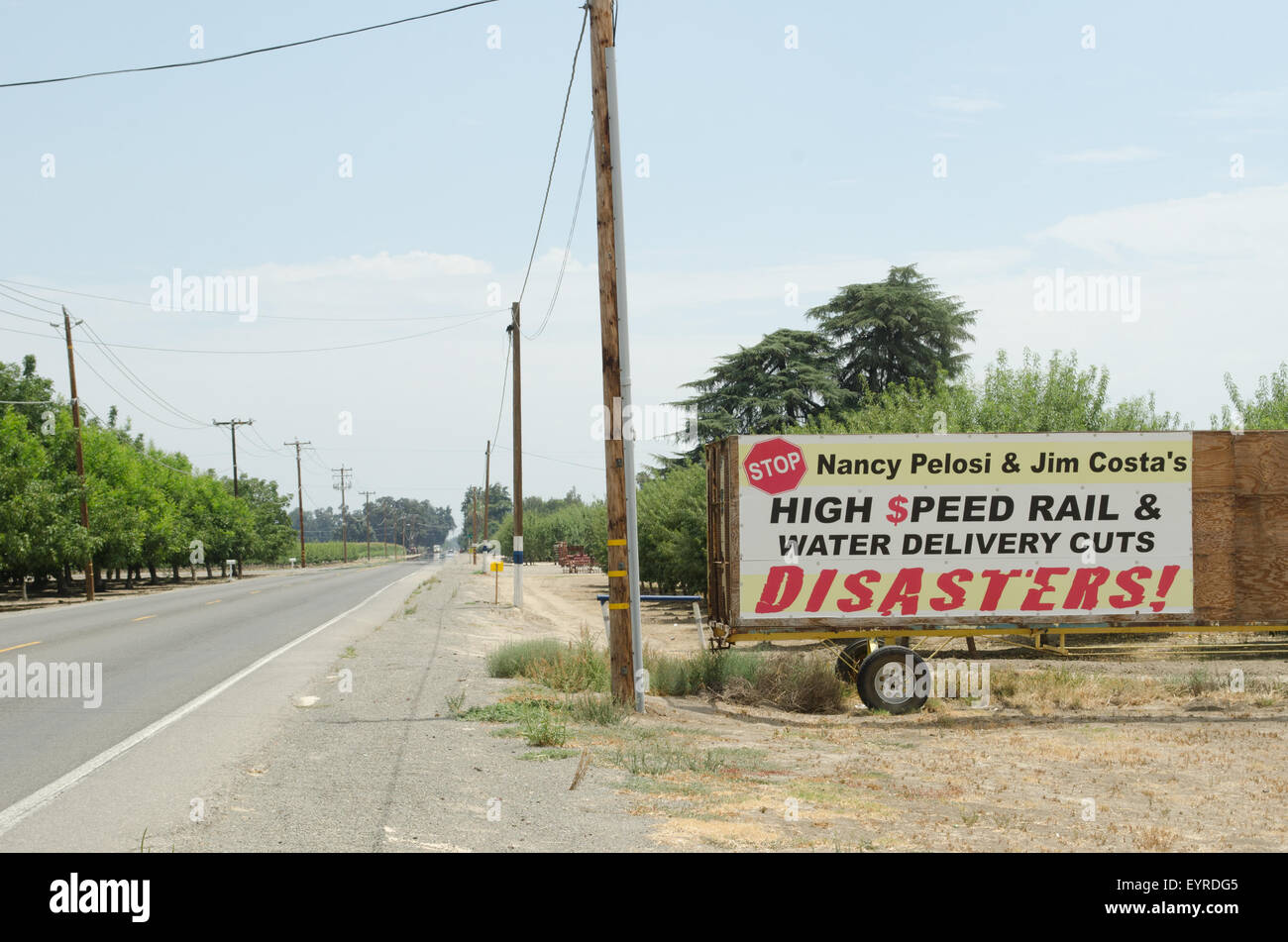 Political sign near Hanford, California, where area farmers are opposed to the high speed rail planned to pass through the area Stock Photo