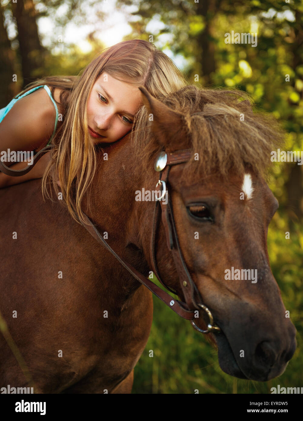 Portrait of a beautiful girl on horseback Stock Photo