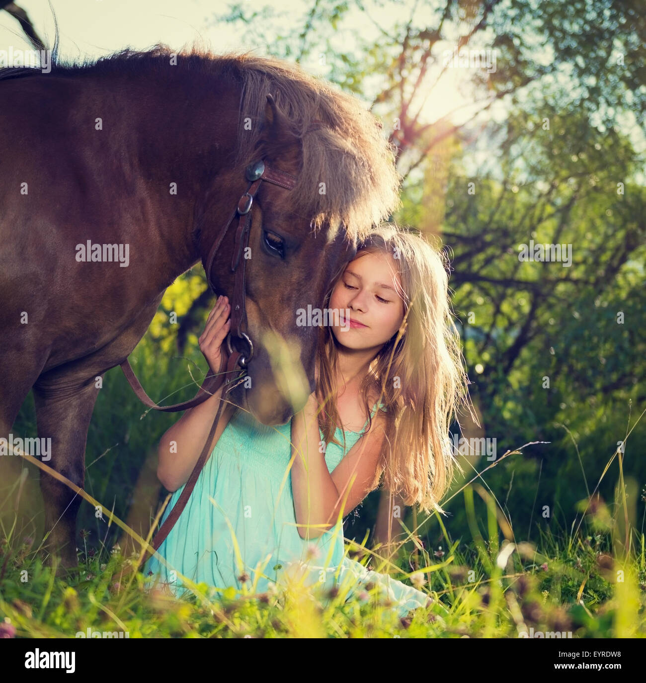 Portrait of a beautiful girl with a horse on nature Stock Photo