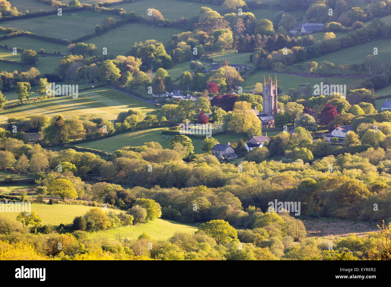 View of Widecombe-in-the-moor village on Dartmoor, Devon Stock Photo