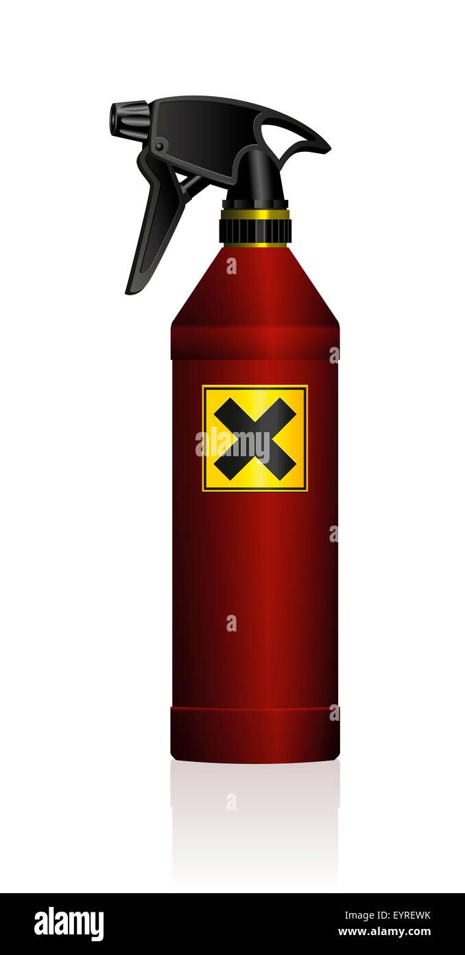Poison spray bottle for plant toxins, insecticides, pesticides, biocides etc - with a black x as a hazard warning sign. Stock Photo