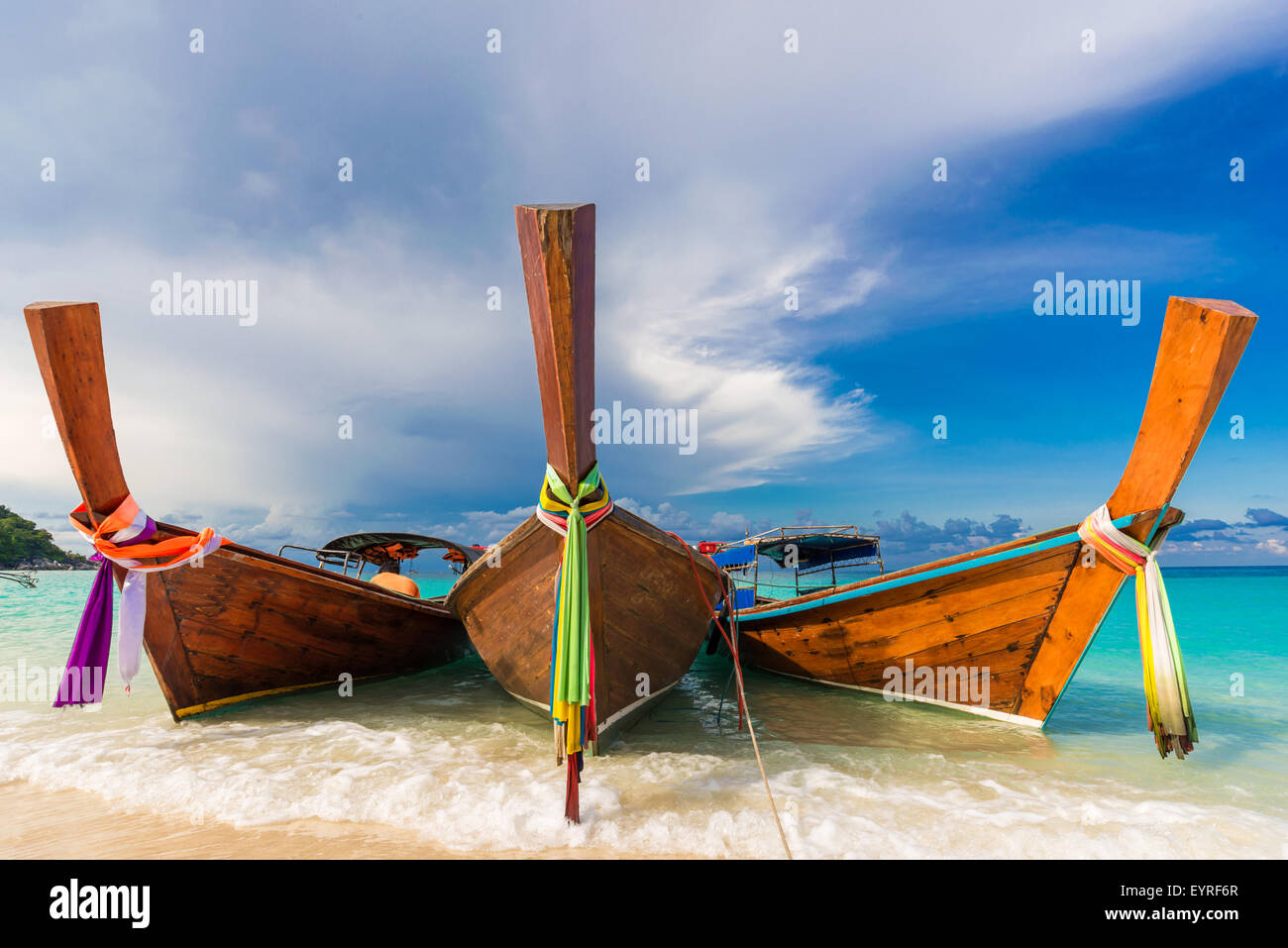 Traditional longtail boats in the famous Lipe island, Satun province, Thailand Stock Photo