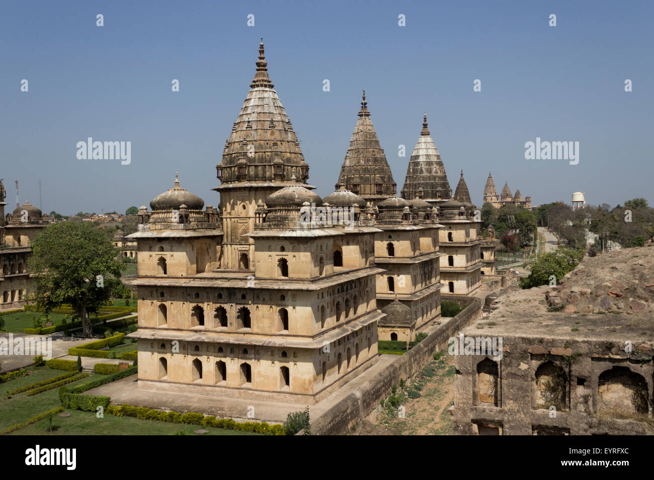 Mud Yellow Royal Cenotaphs or chhatris Orchha Madhya Pradesh India Stock Photo