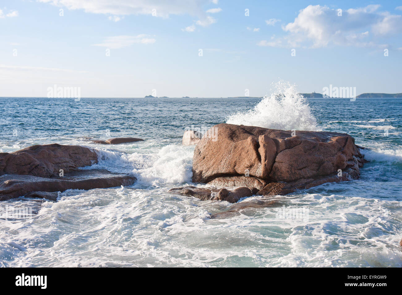 Ocean waves breaking at the granite coast of France, Brittany Stock ...