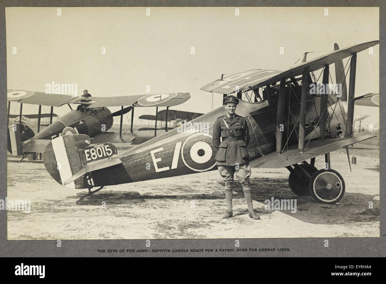 'India Office Official Record of the Great War'. - caption: 'The eyes of the army - Sopwith Camels ready for a patrol over the German lines. View of aircraft and pilot. 1915.' 'India Office Official Record of the Great War' - caption Stock Photo