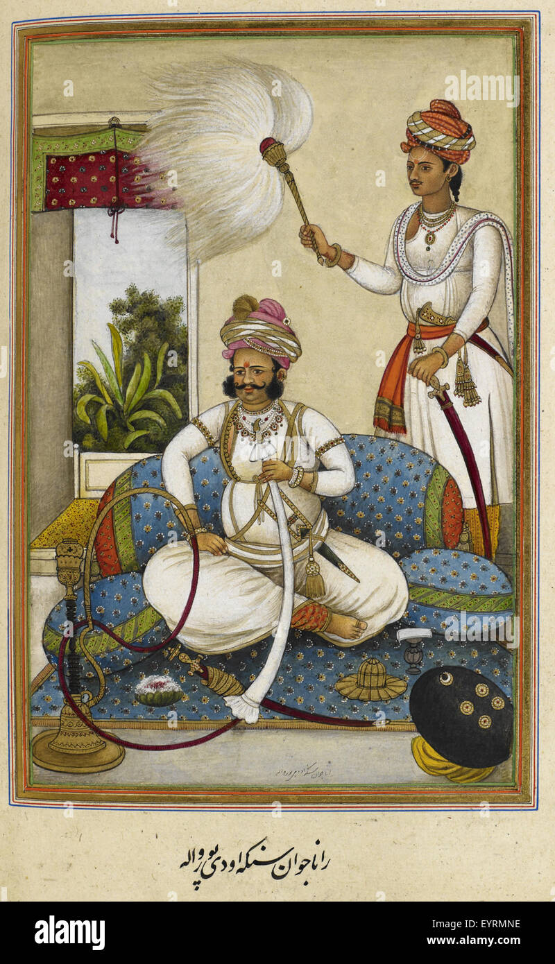 Tazkirat al-umara, written for Col. James Skinner. Historical notices of some princely families of Rajasthan and the Panjab, chiefly of those near to Hissar where Colonel Skinner was stationed. Thirty-eight portraits. - caption: 'Portrait of Maharana Javan Singh of Udaipur (r.1828-1838), smoking a hookah. A servant stands behind him holding a fan' Tazkirat al-umara, written for Col James Skinner Historical notices of Stock Photo
