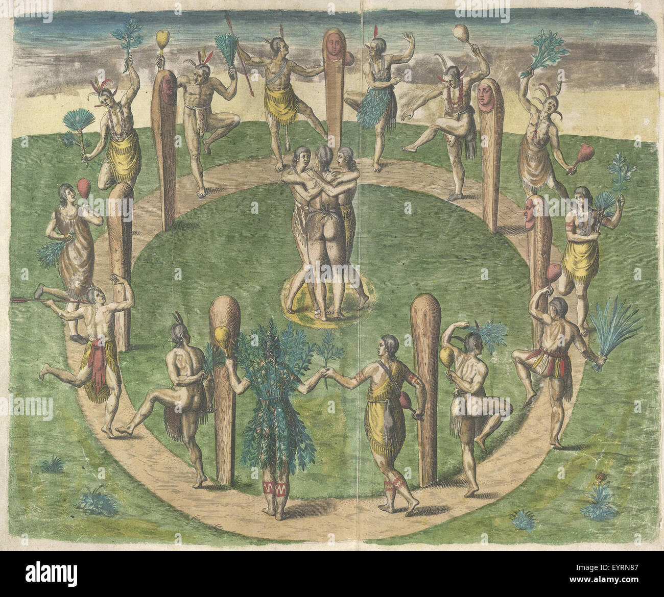 Travels through Virginia. [From Theodor de Bry's 'America', Vol. I, 1590, after a drawing of John White]. - caption: ''The Virginian's manner of dancing at their religious festivals'. Engraving of a group Native Indians dancing round a circle of wooden po Travels through Virginia [From Theodor de Bry's 'America', Vol I, Stock Photo