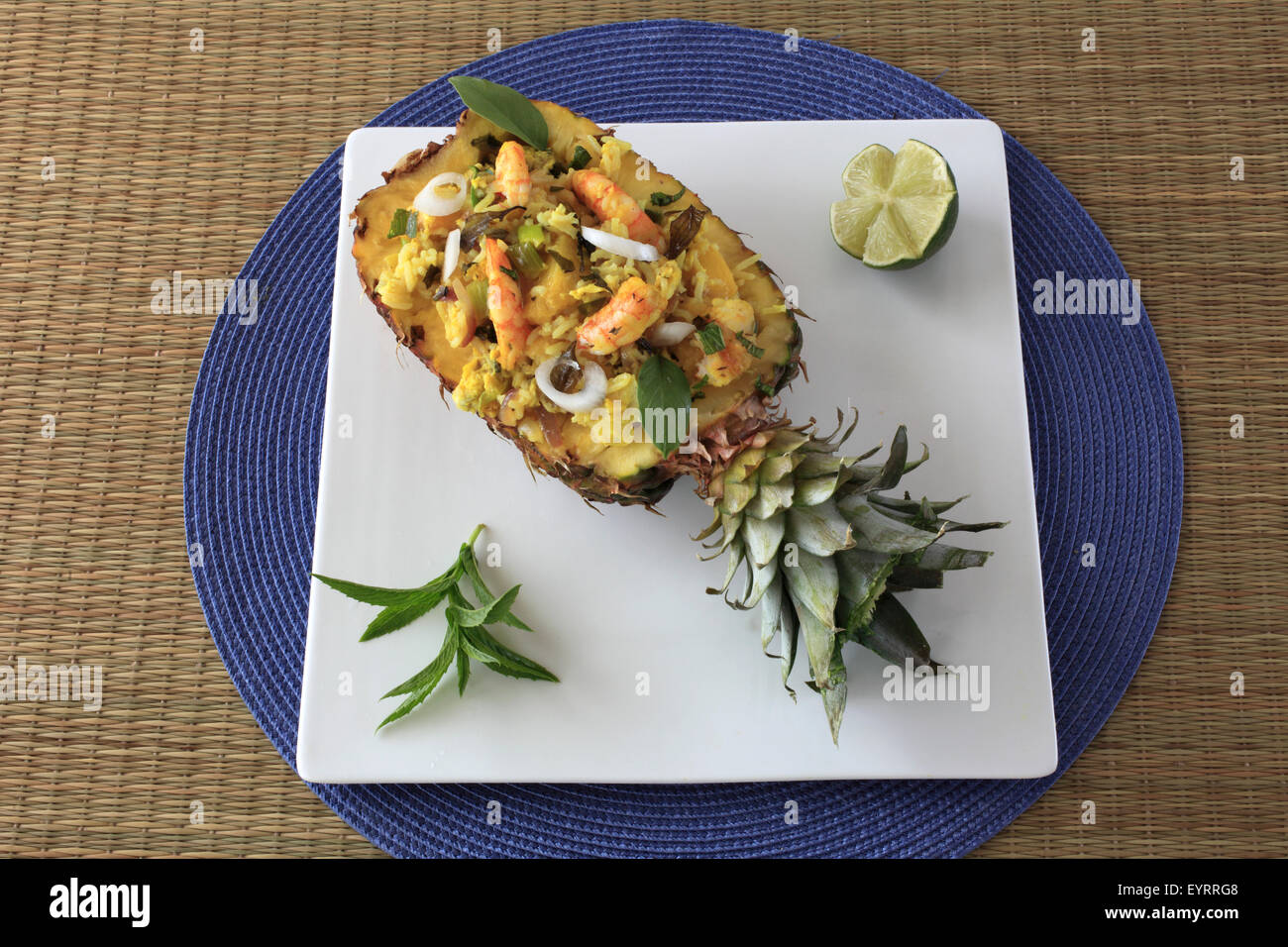 Thai pineapple fried rice, shrimp, basil, mint Stock Photo Alamy