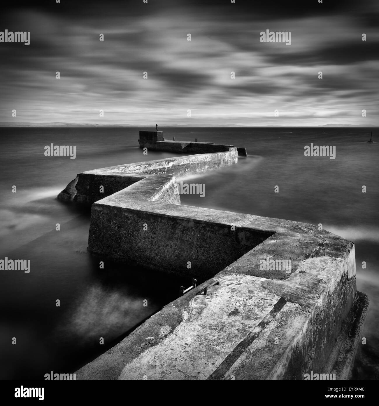 Black and White image of the Zigzag pier at St Monan's on the Fife Coast, Scotland, June 2015. Stock Photo