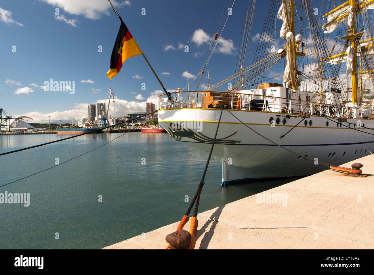 Sail school ship Gorch foresail at harbour of Saint Cruz Tenerife, Canary islands, Spain Stock