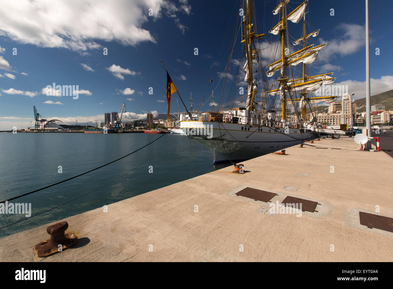Sail school ship Gorch foresail at harbour of Saint Cruz Tenerife, Canary islands, Spain Stock