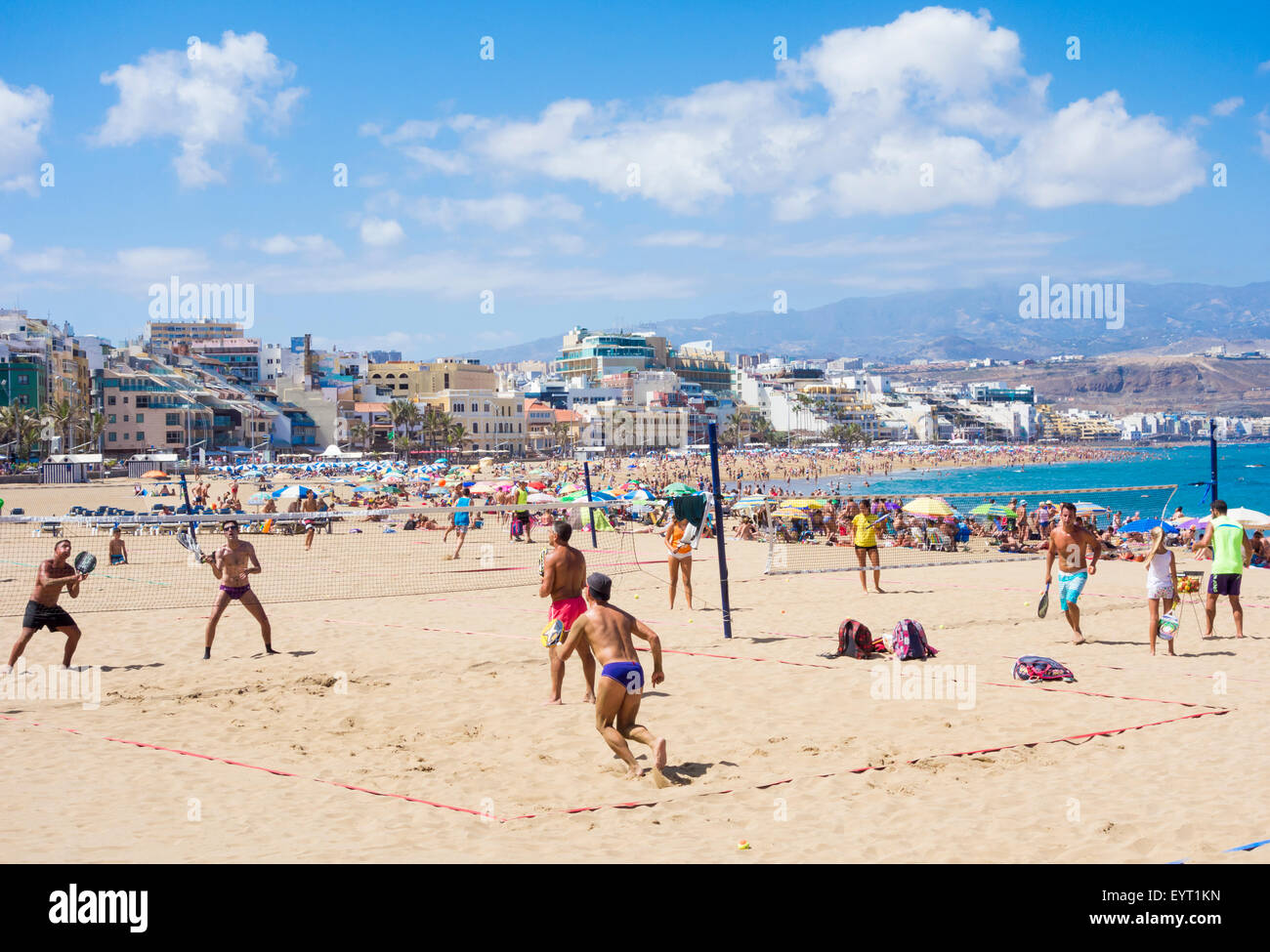 Tennis on Playa de Las Canteras beach, Las Palmas, Gran Canaria, Canary Islands, Spain Stock Photo