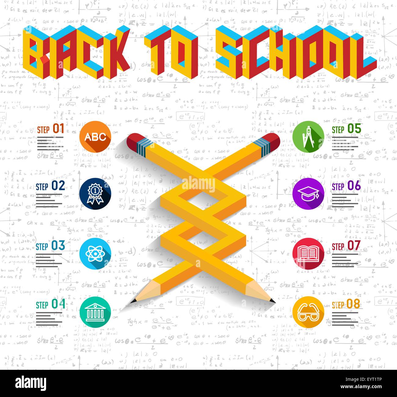 Back to school concept infographic with impossible pencil shape illustration and education elements seamless pattern background. Stock Vector